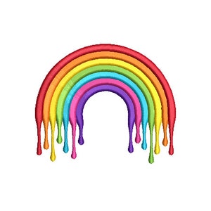 Pode incluir: Um arco de cores de arco-íris com tinta pingando, parecendo um arco-íris derretendo.