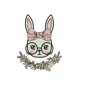 May include: A cute cartoon bunny wearing pink glasses and a pink bow with a floral wreath around its head.