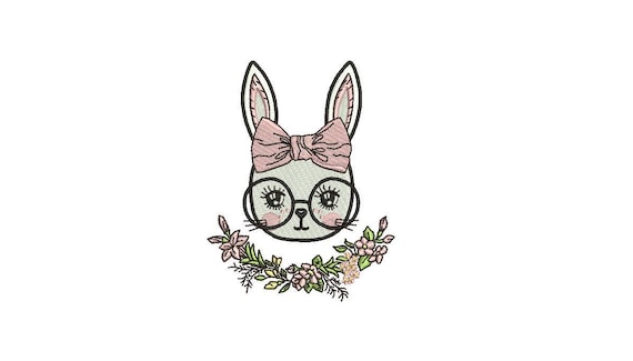 Machine Embroidery - Bunny with Glasses & Bow - Flowers - Embroidery File design - 4x4 inch hoop