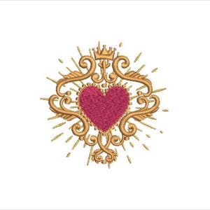 May include: An embroidery design featuring a central dark pink heart surrounded by intricate gold scrollwork, a small crown at the top, and radiating sunburst lines extending outward from the heart, all set against a plain white background.