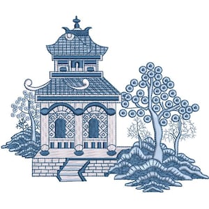 Chinoiserie Chic Blue Willow Pagoda -  Machine Embroidery File design - 6x10 inch hoop