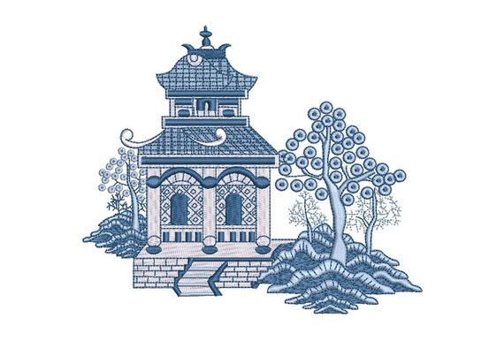 Chinoiserie Chic Blue Willow Pagoda -  Machine Embroidery File design - 6x10 inch hoop