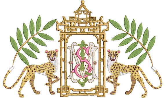 Leopard Pagoda Palms Machine Embroidery File design - 7x12 inch or 18x30 cm hoop - Instant Download