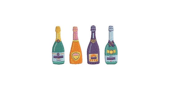 Four Champagne Bottles Machine Embroidery Design - 4x4 inch hoop - Wine Bottles Embroidery File