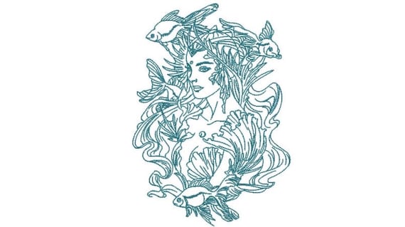 Mermaid Machine Embroidery Design - 5x7 hoop -  instant download - Redwork Mermaid