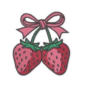 May include: An embroidered patch design featuring two red strawberries with green leaves and stems, tied together at the top with a pink ribbon bow. The strawberries have visible dark seed details and a textured stitch pattern throughout the design.