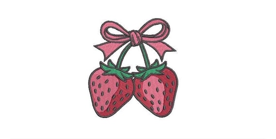 Ribbon Bow Strawberry Embroidery Design - Machine Embroidery Instant Download File - Strawberries Coquette Bow - 4x4 inches