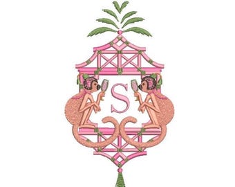 Chinoiserie Embroidery Design - Monkey Pagoda Embroidery Design - Machine Embroidery File design -  8x8 inch hoop