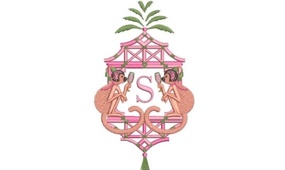 Chinoiserie Embroidery Design - Monkey Pagoda Embroidery Design - Machine Embroidery File design -  8x8 inch hoop