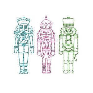 May include: Three stylised nutcracker soldiers in a line. The nutcracker on the left is teal blue, the middle nutcracker is pink, and the nutcracker on the right is green.