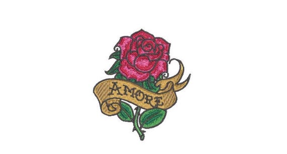 Amore Rose Tattoo Machine Embroidery File design - 4 x 4 inch hoop - Rose Embroidery File