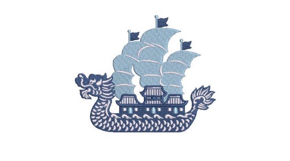 Dragon Boat Junk Embroidery Design - Chinoiserie - Machine Embroidery File design  - 5x7 hoop