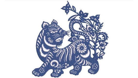 Tiger Embroidery Design -  Urban Machine Embroidery File design - 8x8 inch hoop - instant download - Chinoiserie Flower Tiger Design