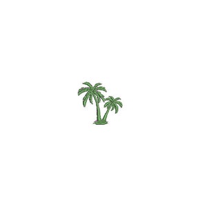 May include: Two green palm trees with brown trunks against a white background.