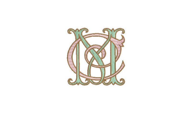 May include: Intertwined monogram with the letters "N" and "C" in a decorative script font. The letters are outlined in brown and filled with a light green color. The background is white.
