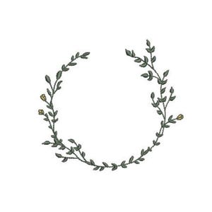 May include: An embroidery design featuring a circular wreath composed of thin, dark green leafy stems. The wreath is open at the top and includes small, delicate yellow flower buds interspersed along the branches, creating a simple, continuous botanical pattern.
