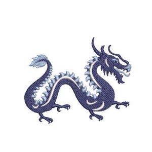 May include: An embroidered design of a serpentine dragon in deep navy blue with light blue accents along its spine, tail, and head. The dragon is depicted in a curved, S-shaped posture with visible stitching texture throughout the entire figure.