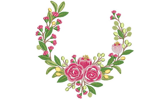 Pink Green Wreath Embroidery - Machine Embroidery File - design 8x8 inch hoop - Monogram frame - Roses Embroidery