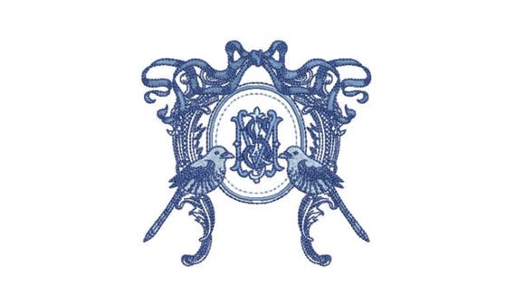 Antique Bird Bow Crest - Machine Embroidery File design - 4x4 inch hoop - Monogram Frame