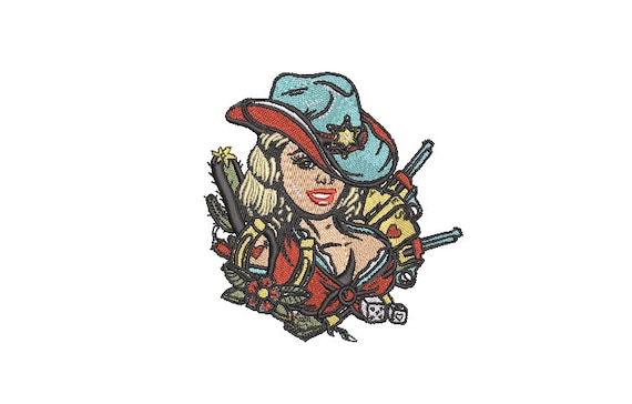 Cowgirl Pinup Tattoo Retro Machine Embroidery File design 4 x 4 inch hoop - Rodeo Embroidery Design