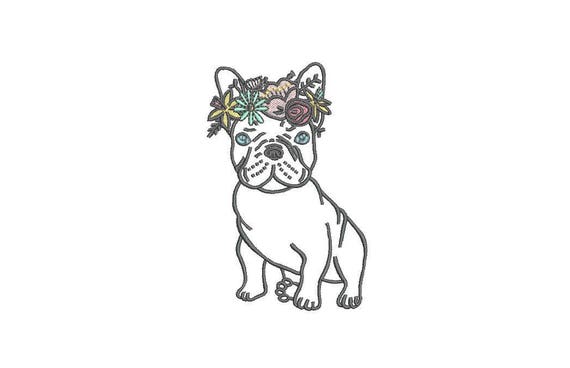 French Bulldog Flowers Outline Machine Embroidery File design 4x4 inch hoop Frenchie Embroidery