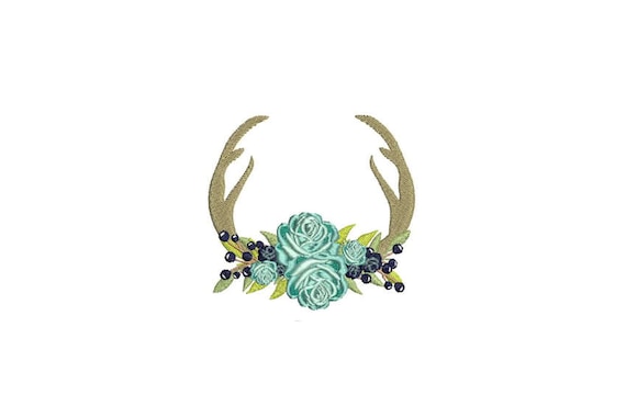 Boho Whimsical Floral Blueberry Antlers Bohemian Machine Embroidery File design 4x4 inch hoop