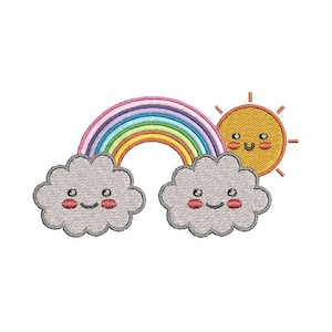 Puede incluir: Un arcoíris con un sol sonriente y dos nubes con caras felices. El arcoíris tiene rayas rosas, moradas, azules, verdes, amarillas y naranjas.