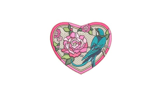 Boho bird and rose in Heart  Machine Embroidery File design 4 x 4 inch hoop - Vintage Rose