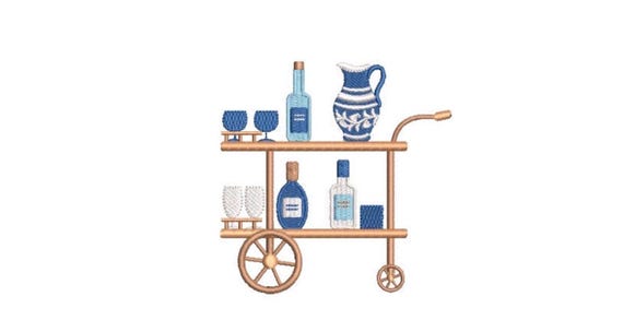 Blues Bar Cart -Champagne Bottles and Glasses - Machine Embroidery File design  - 4x4 hoop - Chinoiserie embroidery