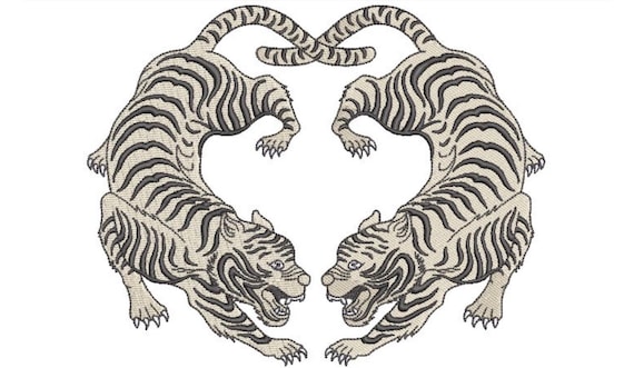 Two Tigers Embroidery Design -  Urban Machine Embroidery File design - 8x8 inch hoop - instant download - Chinoiserie Tiger Design