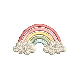 May include: A rainbow with pastel pink, yellow, green, and blue colors. The rainbow has white clouds on each end.