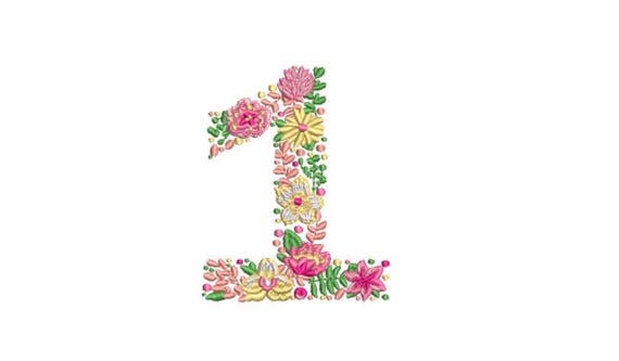 Spring Flowers Number 1 - ONE  - First Birthday-  Machine Embroidery File design - 4x4 hoop - embroidery design
