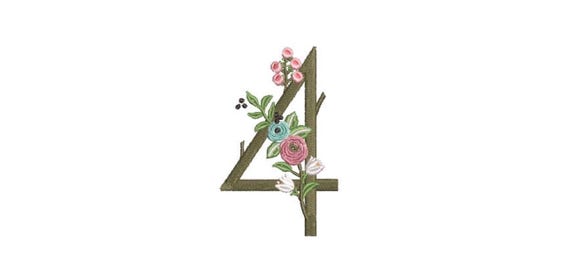 Flower Number 4 - FOUR - Fourth  Birthday-  Machine Embroidery File design - 4x4 hoop - embroidery design