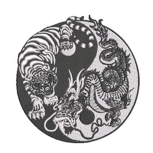 Tiger Dragon Yin Yang Broderidesign - Urban Modern Maskinbroderifildesign - 5 x 7 tums ring - omedelbar nedladdning