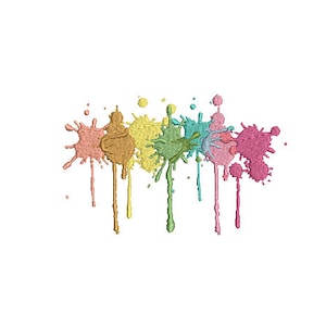 May include: A colourful abstract design with paint splatters in shades of pink, orange, yellow, green, blue, and purple. The paint splatters are arranged in a row and have drips extending downwards.
