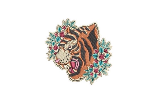 Tiger Flowers Tattoo Embroidery Design - Tiger Face Urban Modern Machine Embroidery File design - 4x4 inch hoop - instant download