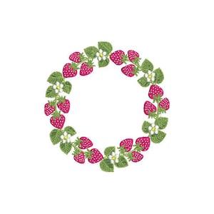 リース刺繍 - 機械刺繍 気まぐれなイチゴの花のリースの機械刺繍ファイルデザイン 5 x 7 インチのフープ 即時ダウンロード
