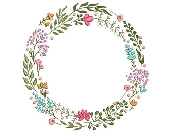 Boho Wildflower Wreath Embroidery - Machine Embroidery File - design 8x8 inch hoop - Monogram frame