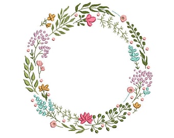 Boho Wildflower Wreath Embroidery - Machine Embroidery File - design 8x8 inch hoop - Monogram frame