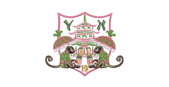 Chinoiserie Chic Machine Embroidery Design  - Monkey Pagoda Parasol Champagne Crest - 5x7 hoop - sideways