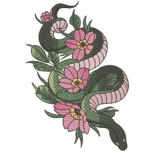 Motif de broderie de fleurs de serpent vert - Design de fichier de broderie de machine moderne urbain - cerceau de 5 x 7 pouces - téléchargement immédiat