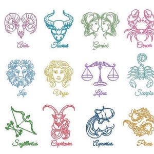 Horoscopen borduurwerk ontwerpen - stedelijke machine borduurwerk bestand ontwerp - 8 x 8 inch hoepel - instant download - alle sterrenbeelden één bestand