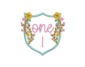 Pretty Flower Crest ONE Machine Embroidery File design 4x4 inch hoop - 1st Birthday Design - Floral Crest