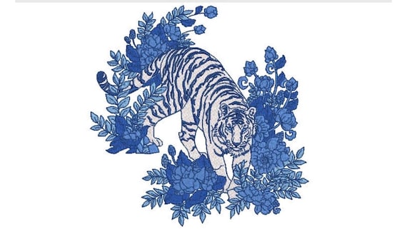 Blue Floral Tiger Embroidery Design - Machine Embroidery File design - 8x8 inch hoop - instant download - Chinoiserie Flower Tiger Design