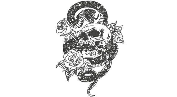 Snake Skull Roses Embroidery Design - Urban Machine Embroidery File design - 8x8 inch hoop - instant download