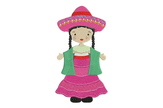 Bohemian Mexican Folksy Girl with Pink Dress Machine Embroidery File design 5 x 7 inch hoop - instant download