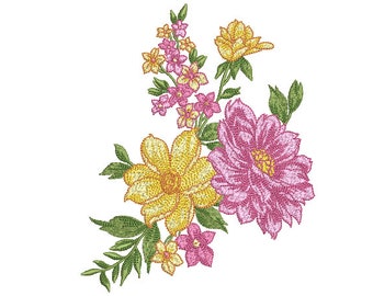 Pink and Yellow Floral Embroidery -  Rose Machine Embroidery File design - 5x7 inch hoop - instant download