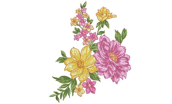 Pink and Yellow Floral Embroidery -  Rose Machine Embroidery File design - 5x7 inch hoop - instant download