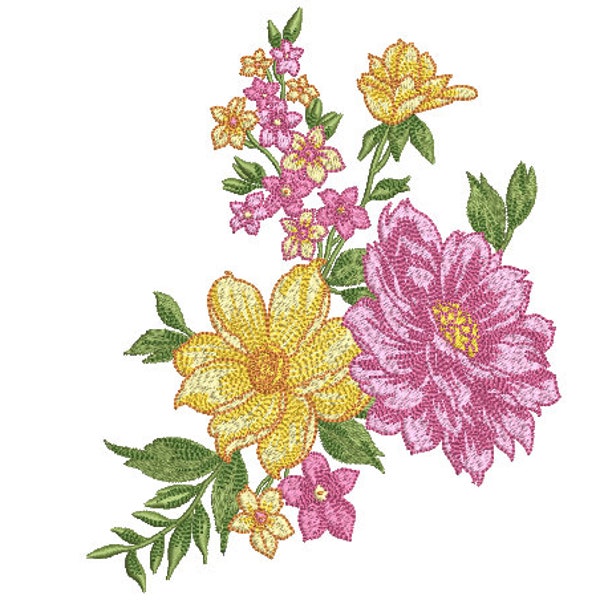 Pink and Yellow Floral Embroidery -  Rose Machine Embroidery File design - 5x7 inch hoop - instant download