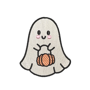Può includere: Un fantasma bianco con un viso amichevole che tiene una piccola zucca arancione. Il fantasma ha occhi neri e una bocca nera e guance rosa.